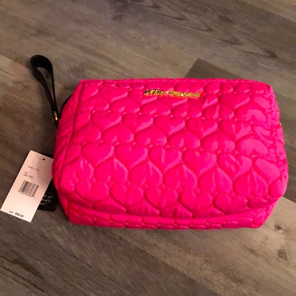 Betsey Johnson Hot Pink Quilted Heart Double Zip Cosmetic Case Makeup Bag NWT - Picture 2 of 16